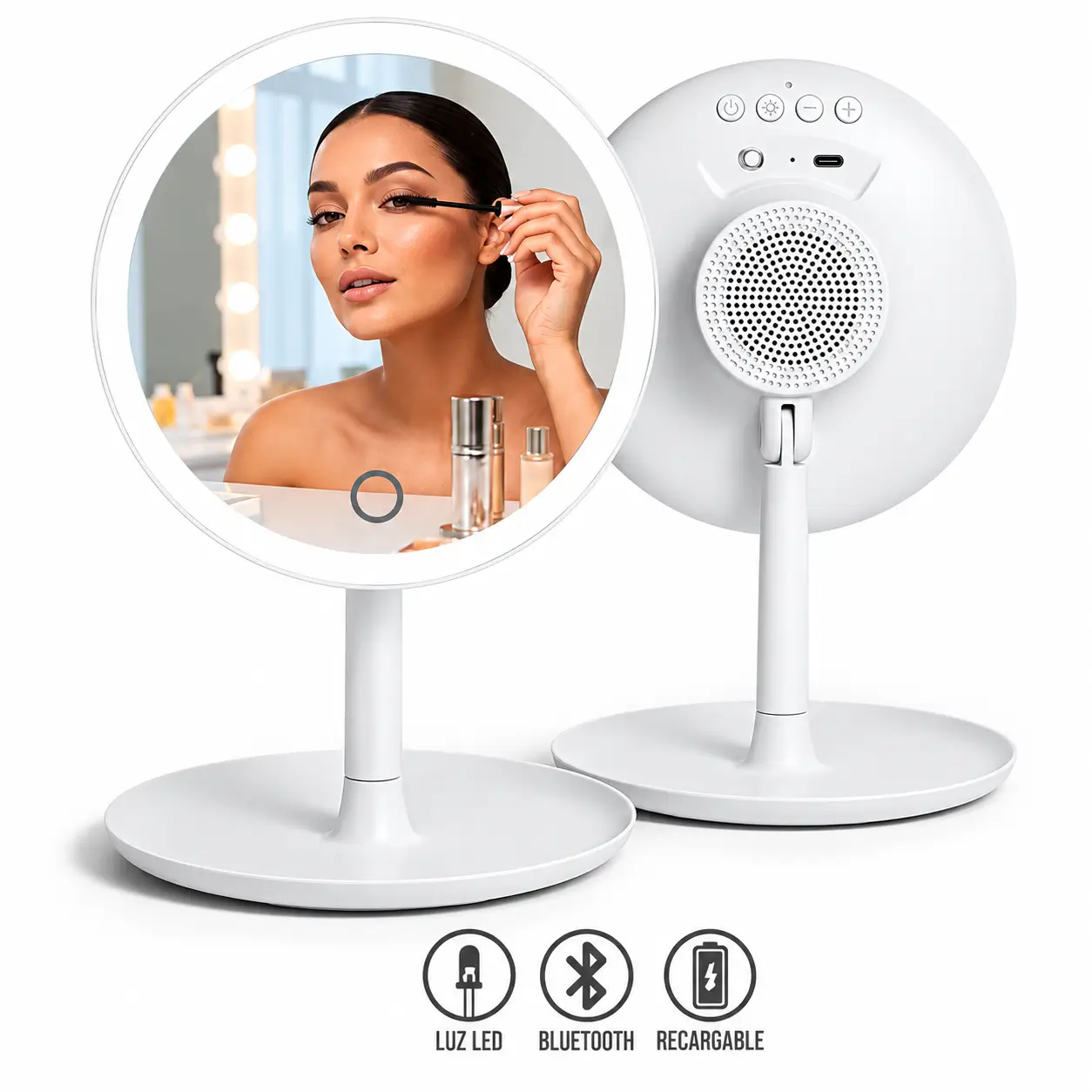 Miroir de Maquillage LED avec Enceinte Bluetooth Rechargeable KTS